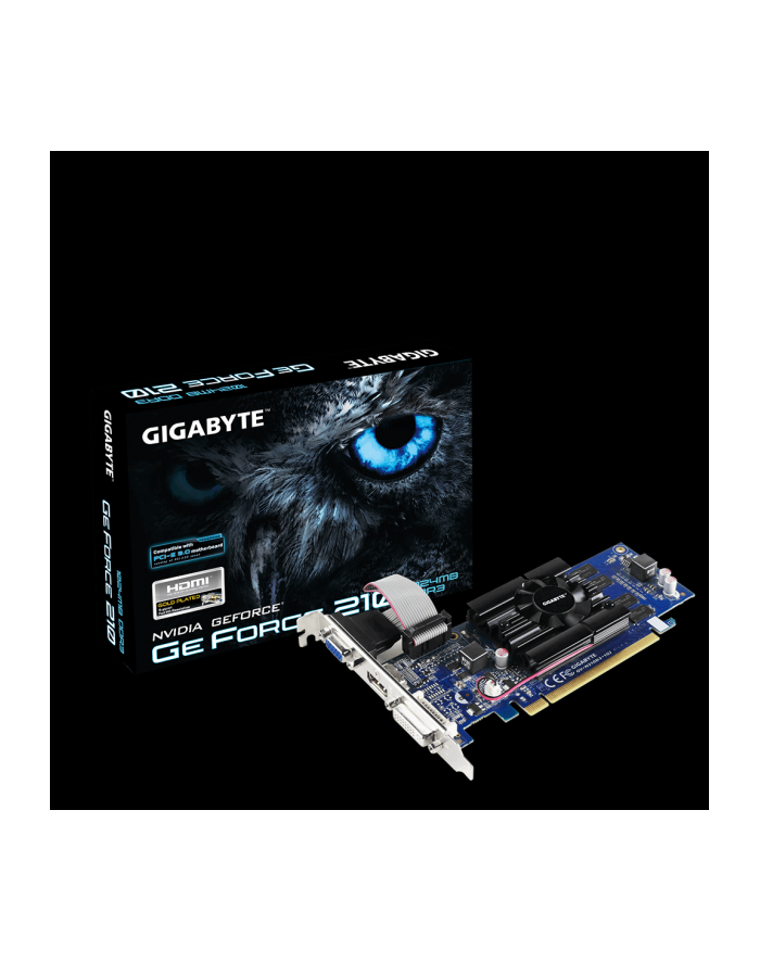 GIGABYTE GV-N210D3-1GI / GeForce 210 / PCI-E 2.0 / 1GB DDR3 / 64-bit / Core 520 MHz / Memo 1200 MHz / HDMI / DVI-I / D-Sub główny
