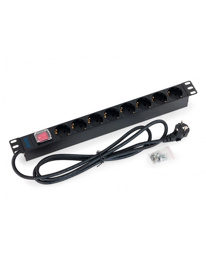Triton Listwa zasilająca 19  RAB-PD-X04-A1 (8 gniazd w standardzie DIN  max. 16 A  przewód 3 x 1 5 mm o długości 2 m  wtyk DIN49441 16 A  kolor czarny RAL 9005  podświetlany wyłącznik główny z plastikową osłoną) główny