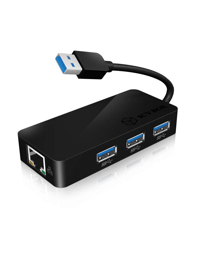 RaidSonic Icy Box USB 3.0 to Gigabit Ethernet Adapter + 3x USB 3.0 Hub, Czarny główny