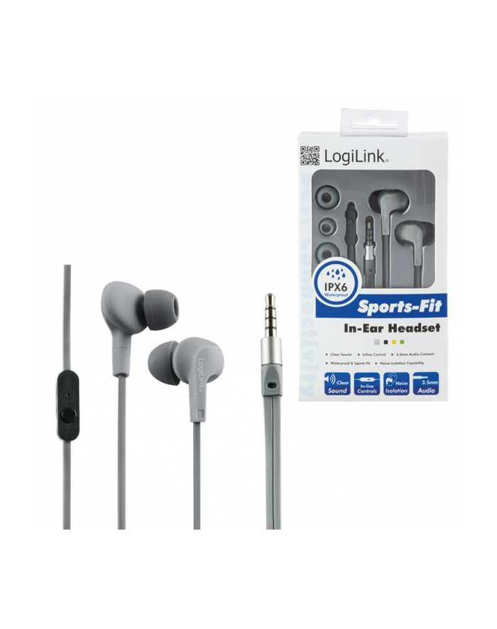 LOGILINK - Słuchawki douszne z mikrofonem ''Sports-Fit'', ochrona IPX6, szare główny