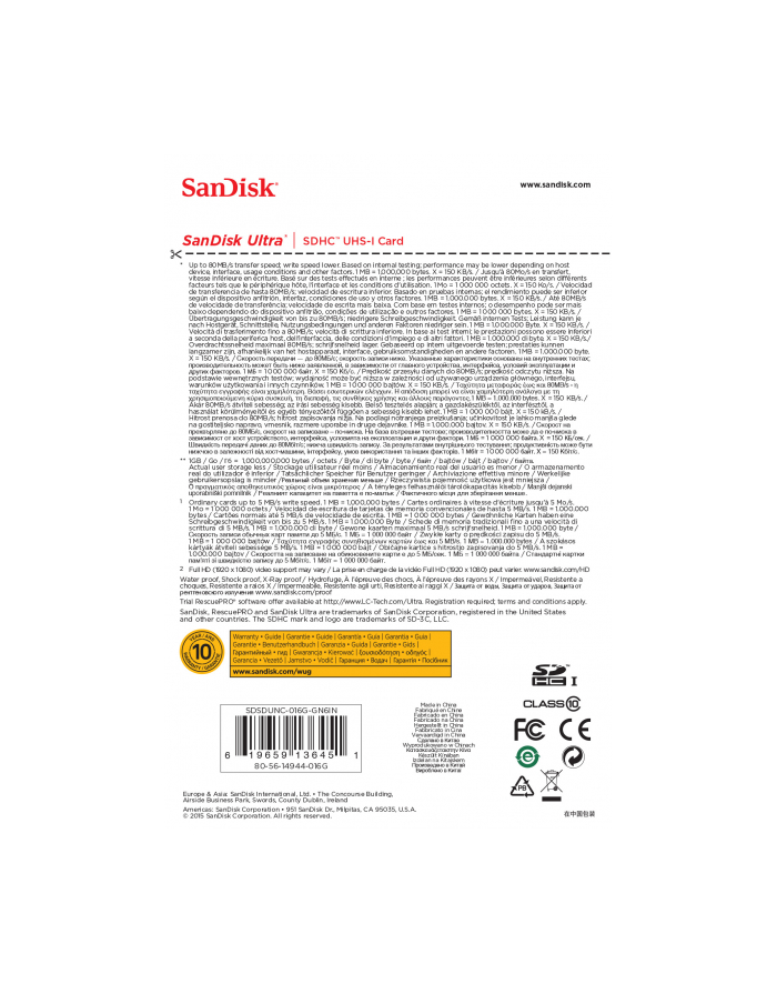 SanDisk karta pamięci Ultra SDHC 16GB Class 10 UHS-I, Odczyt: do 80MB/s główny
