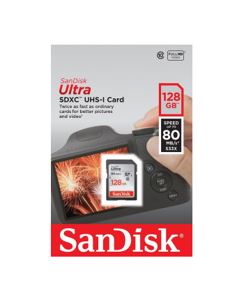 SanDisk karta pamięci Ultra SDXC 128GB Class 10 UHS-I, Odczyt: do 80MB/s