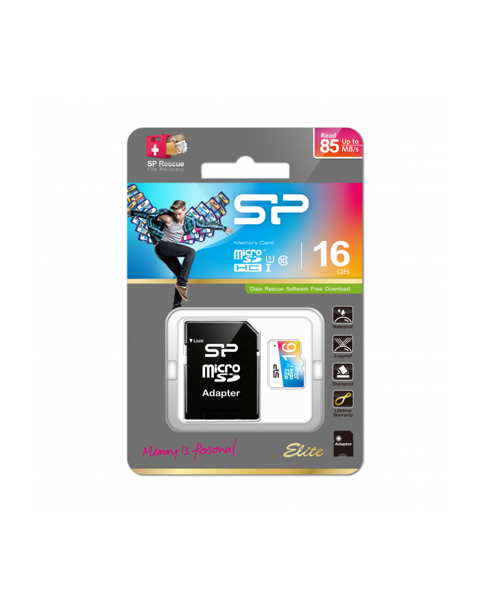 SILICON POWER 16GB, MICRO SDHC UHS-I, Class 10, with SD adapter, Color główny