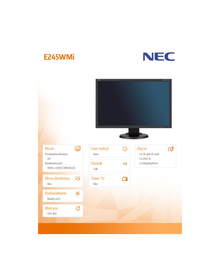 Monitor NEC E245WMi 24inch, IPS, DP/DVI/D-Sub, głośniki, czarny główny