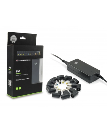 Conceptronic UNIVERSAL NOTEBOOK ADAPTER 65W 2 different voltage levels (15V and 19V), easy to adjust thanks to a turn mechanism,Including 12 tips for great compatibility,Multi language quick installation guide,Power cable,12 tips/