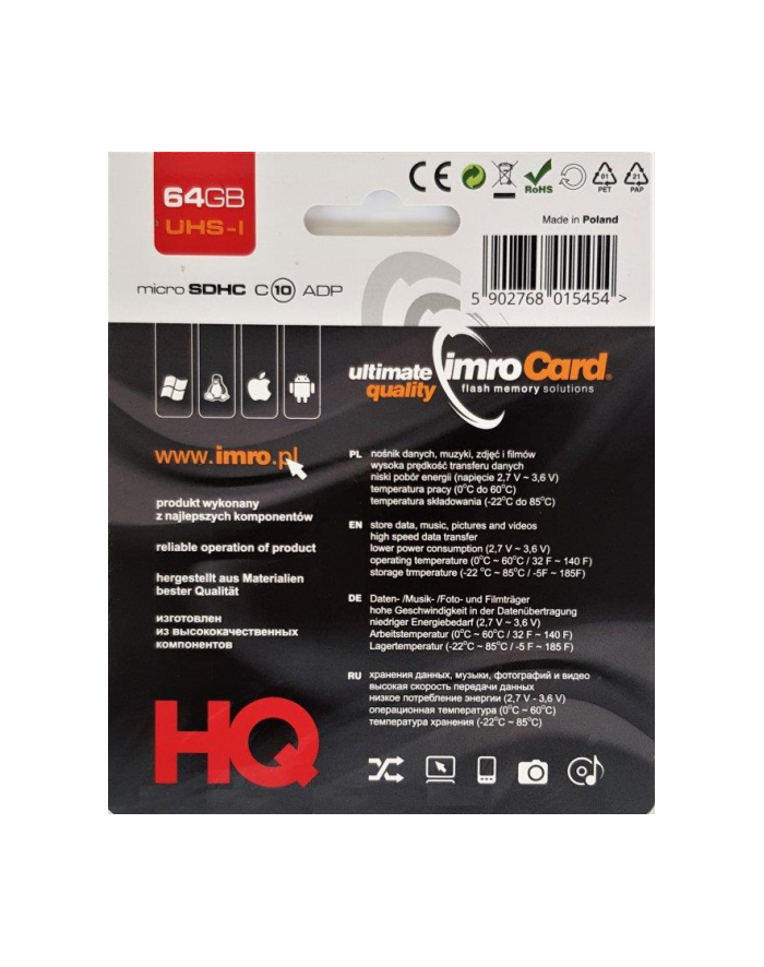 IMRO KARTA FLASH MICROSD 64GB 10 UHS-I Z ADAPTEREM główny