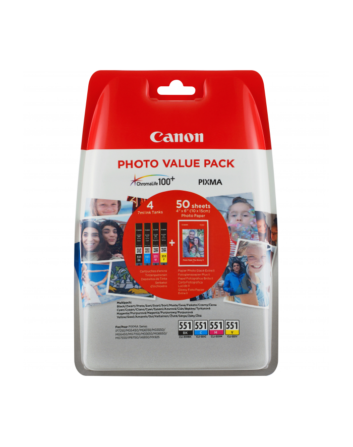 CANON CLI-551 Value Pack blister 4x6 Phot Paper PP-201 50sheets + Cyan Magenta Yellow & Photo Black ink tanks główny