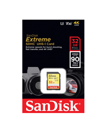 Pamięć SanDisk SecureDigital SDHC Extreme (90 MB/s Class 10 UHS-I U3 V30) - 32 GB