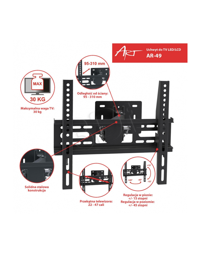 ART Uchwyt do LCD/LED 22-47' 30KG AR-49 regulowany wpionie i poziomie główny