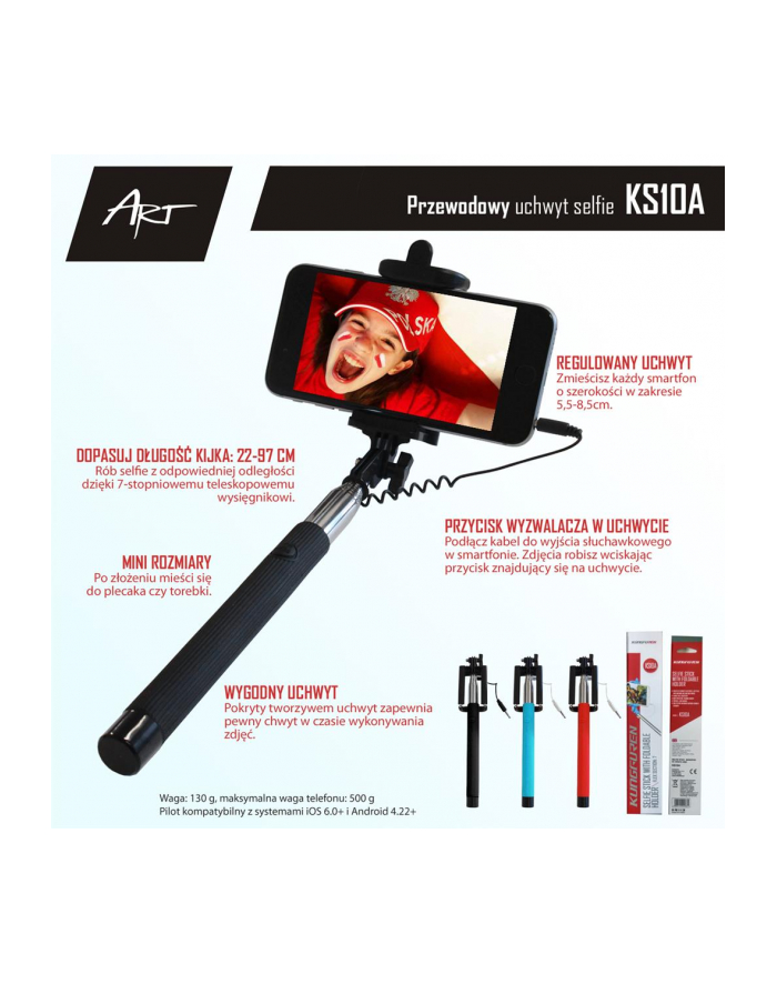 ART Selfie stick przewodowy KS10A - OEM czerwony główny