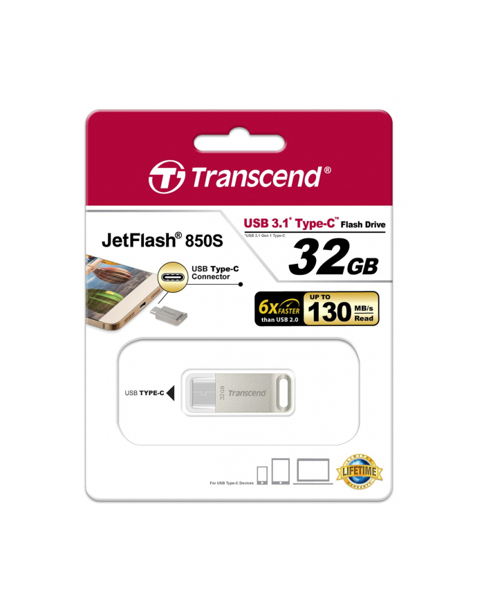TRANSCEND USB Flash Disk JetFlash®850S OTG, 32GB, USB 3.1 Type-C, Silver (R/W 130/30 MB/s) główny