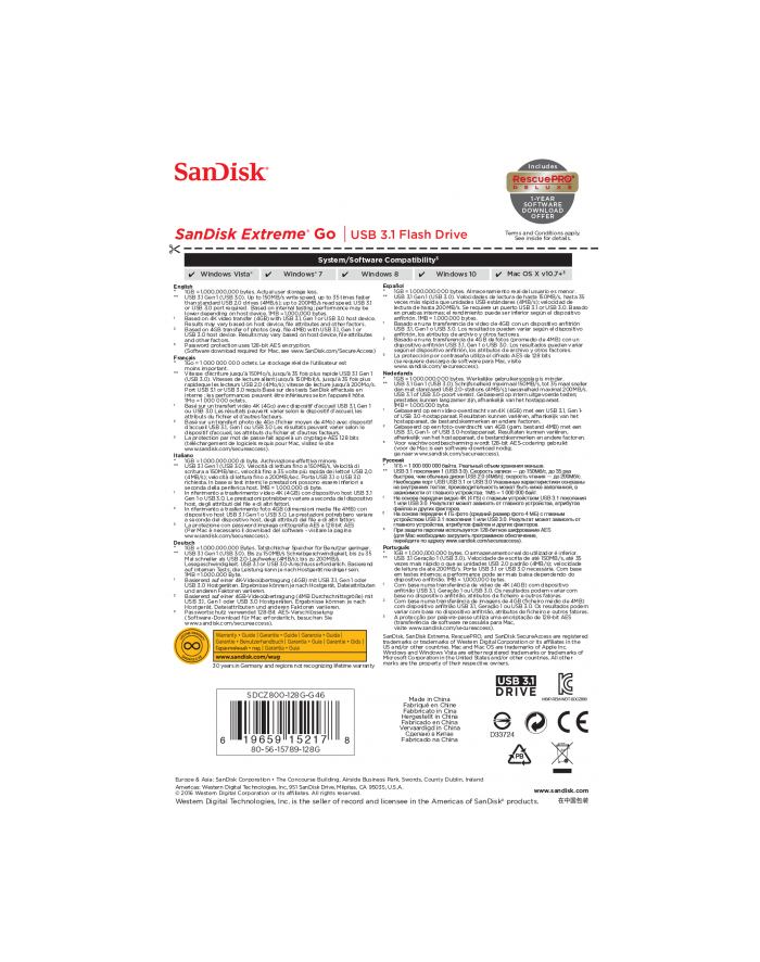 SanDisk EXTREME GO Flash Drive 128GB, 200/150 MB/s, USB 3.1, główny