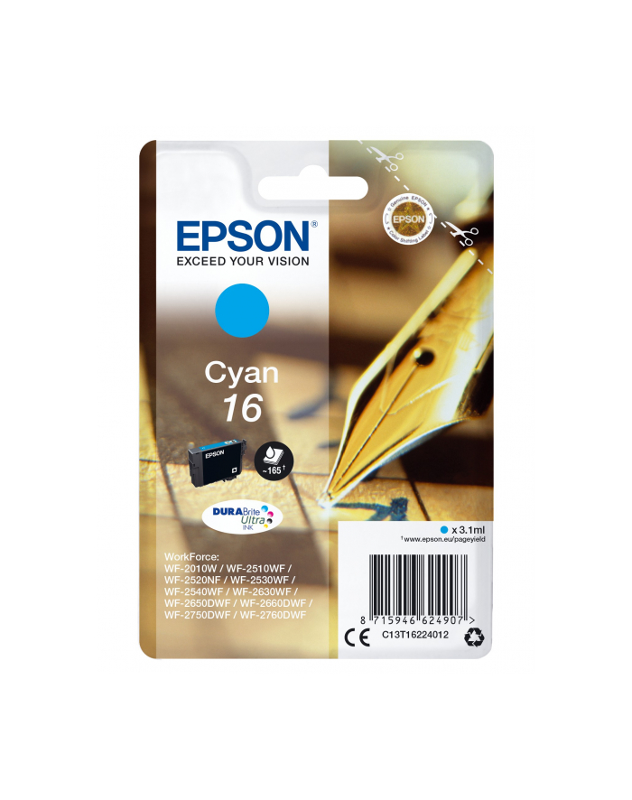 Tusz Epson T1622 (do drukarki Epson  oryginał C13T16224010/C13T16224012 165str. 3 1ml cyan) główny