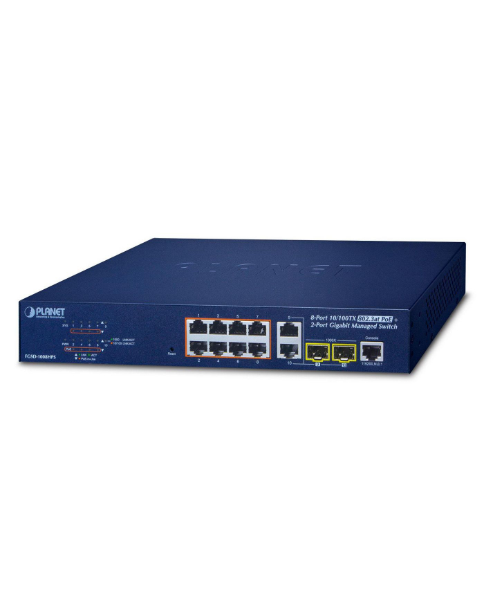 PLANET FGSD-1008HPS PoE; 8x 10/100; 2xSFP; 125W główny