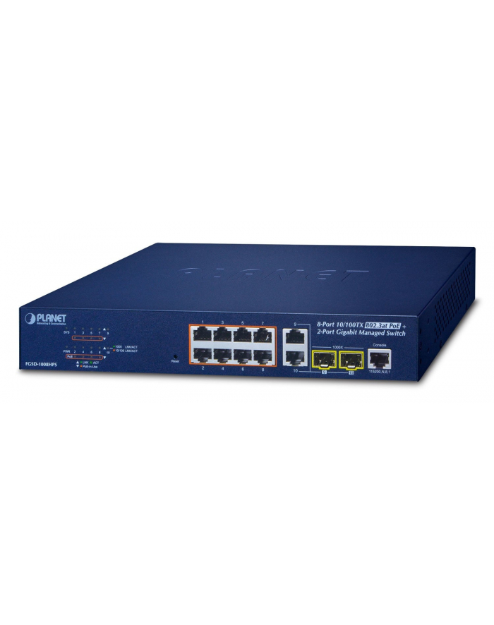 PLANET FGSD-1008HPS PoE; 8x 10/100; 2xSFP; 125W główny