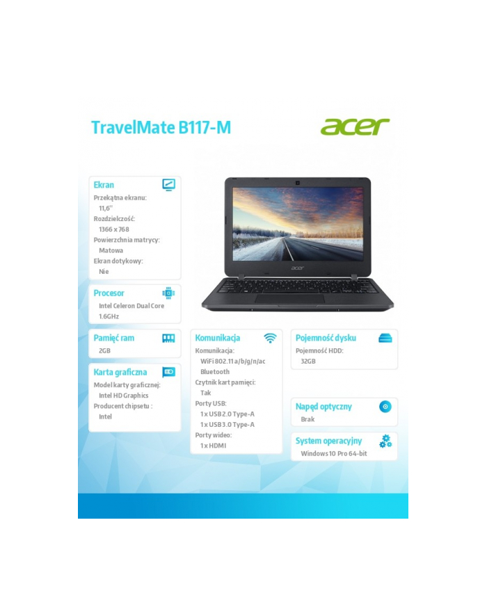 Acer TravelMate B117-M WIN10P N3060/2/IntHD400/11.6'' główny