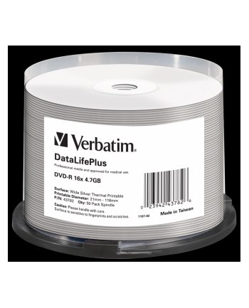 Verbatim DVD-R [ spindle 50 | 4.7GB | 16x | WIDE THERMAL PRINTABLE SILVER]