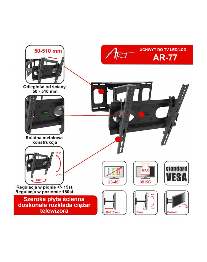 ART UCHWYT DO TV LED/LCD 23-46'' 35KG AR-77 reg. pion/poziom, 51cm odl. od ściany główny