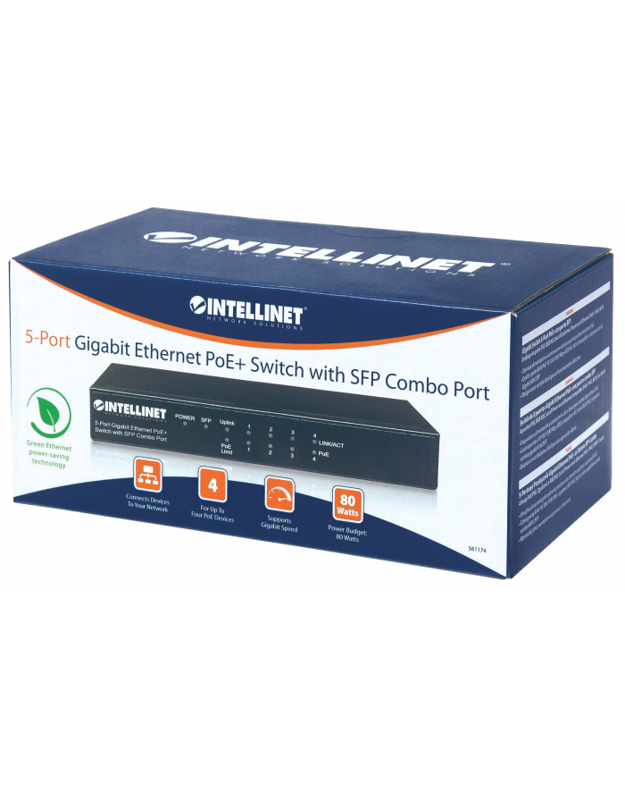 Intellinet Network Solutions Intellinet Gigabit switch 5x 10/100/1000 Mbps RJ45 PoE/PoE+ 80W 1x SFP combo główny