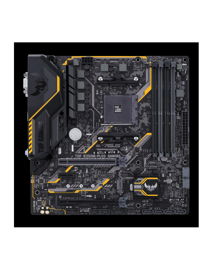 Asus TUF B350M-PLUS GAMING AM4 B350 AMD B350, AMD AM4, 4x DIMM DDR4, 1x PCIe 3.0/2.0 x16, 1x PCIe 2.0 x16, 1x PCIe 2.0 x1, 4x SATA III, M.2, PS/2, RJ-45, DVI-D, VGA, HDMI, USB 2.0/3.1, mATX, 244x244 mm główny