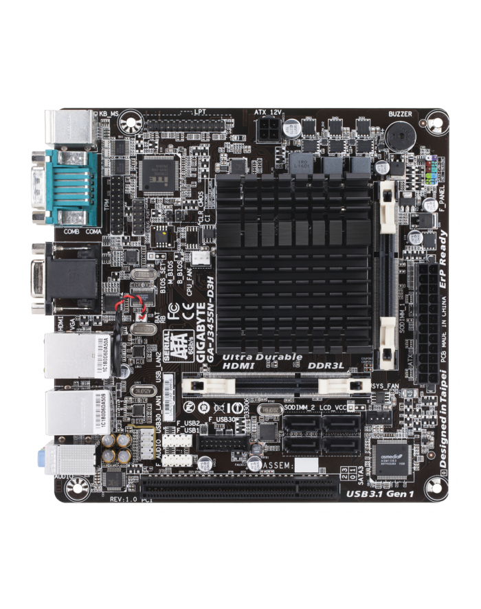 GigaByte GA-J3455N-D3H CELERON MITX Intel Quad-Core Celeron J3455 SoC (2.3 GHz), 2 x DDR3L SO-DIMM, Realtek ALC887, Mini-ITX, 170 x 170 mm główny