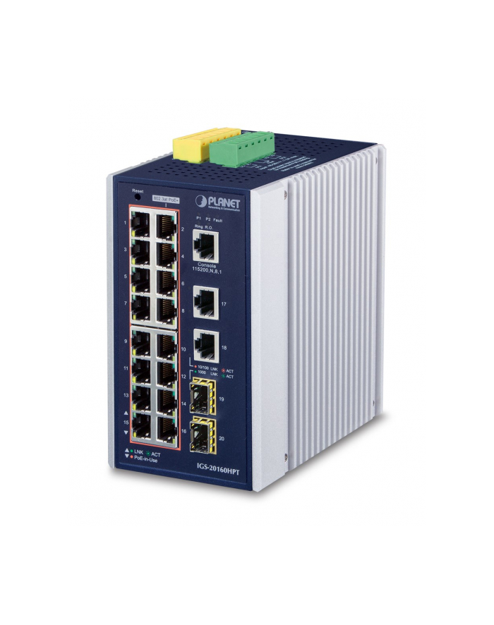 PLANET 16Port 10/100/1000T PoE Switch Industrial 16-Port 10/100/1000T PoE Switch 2-Port Gigabit Uplink + 2-Port Gigabit SFP Uplink managed główny