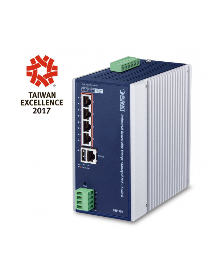 PLANET 4Port PoE+ mgd Ethernet Switch Industrial Renewable Energy 4-Port 10/100/1000T 802.3at PoE+ Managed Ethernet Switch główny