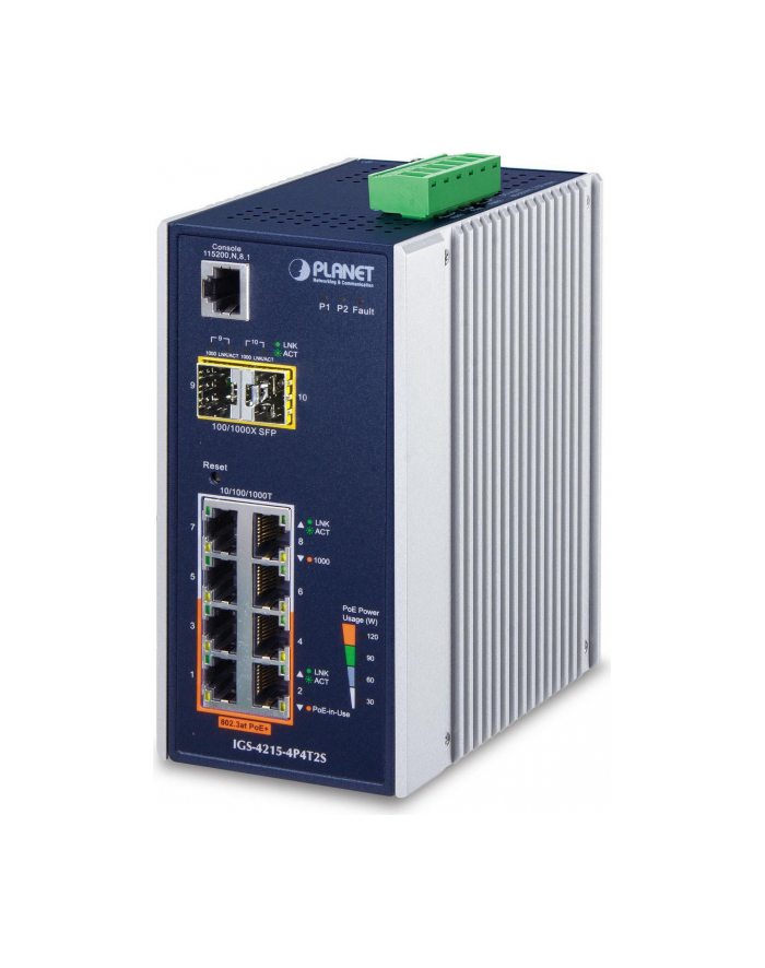 4-Port 10/100/1000T mgd.Switch PLANET industrial 4-Port 10/100/1000T Switch +4-Port 10/100 802.3at PoE + 2 100/1000 SFP Slots, PoE Budget 144 W, managed główny