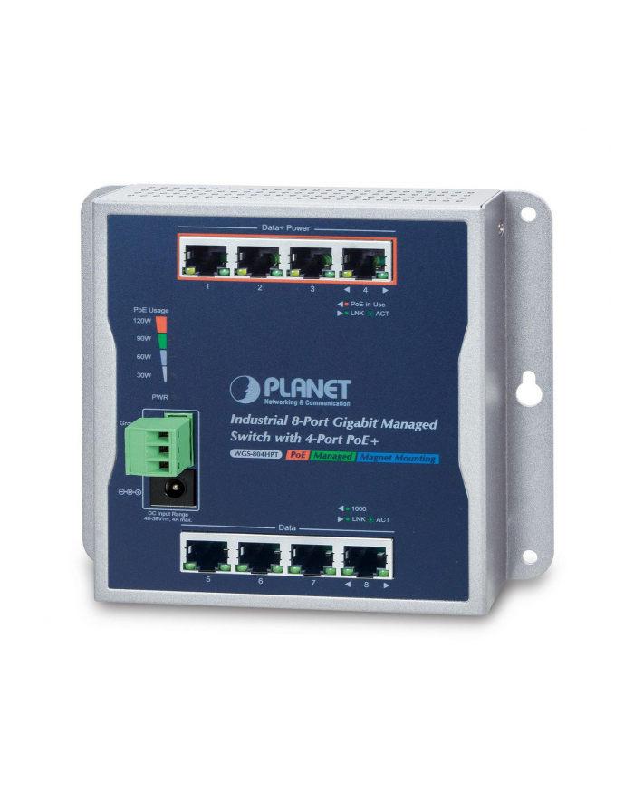 8-Port Wall-mt Managed Switch PLANET IP30 8-Port Gigabit Wall-mount Switch 4-Port 802.3at POE+, redundant power 48-56V DC -40/+75 C główny