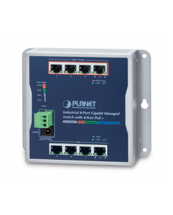 8-Port Wall-mt Managed Switch PLANET IP30 8-Port Gigabit Wall-mount Switch 4-Port 802.3at POE+, redundant power 48-56V DC -40/+75 C