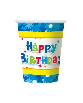 Kubeczki papierowe "Happy Birthday niebieskie" 270ml 6szt PF-KHBN
