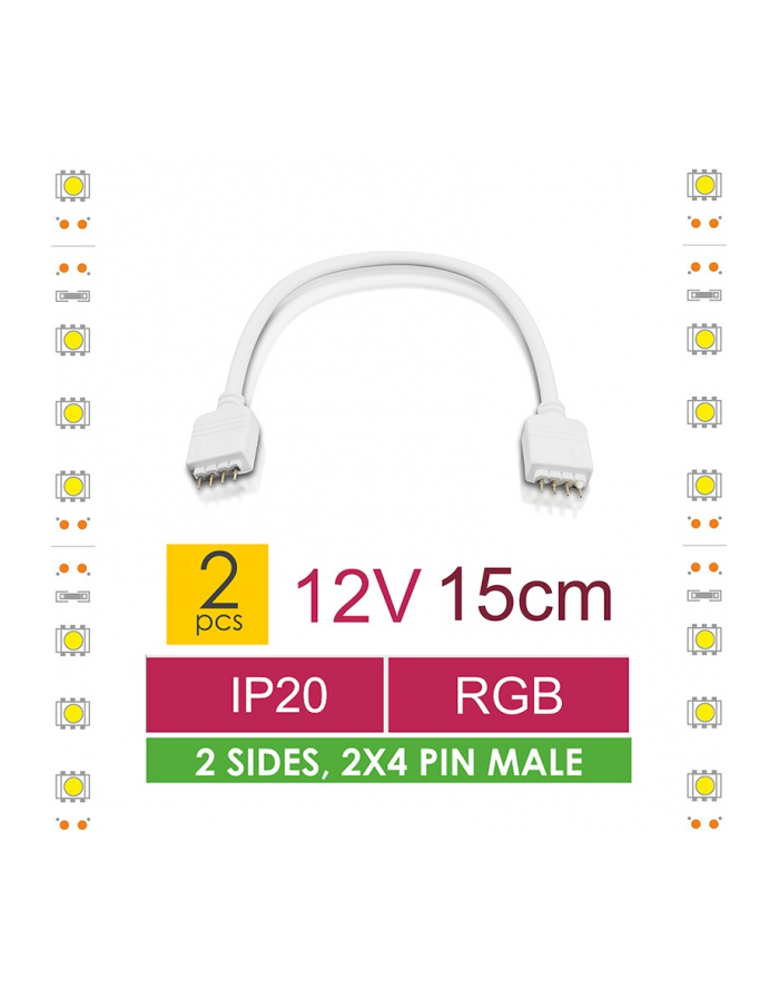 Whitenergy Złączka do taśm LED z kablem | RGB | dwustronna | IP20 | biała | 2 szt | 2 x 4 pin męski | 15 cm główny