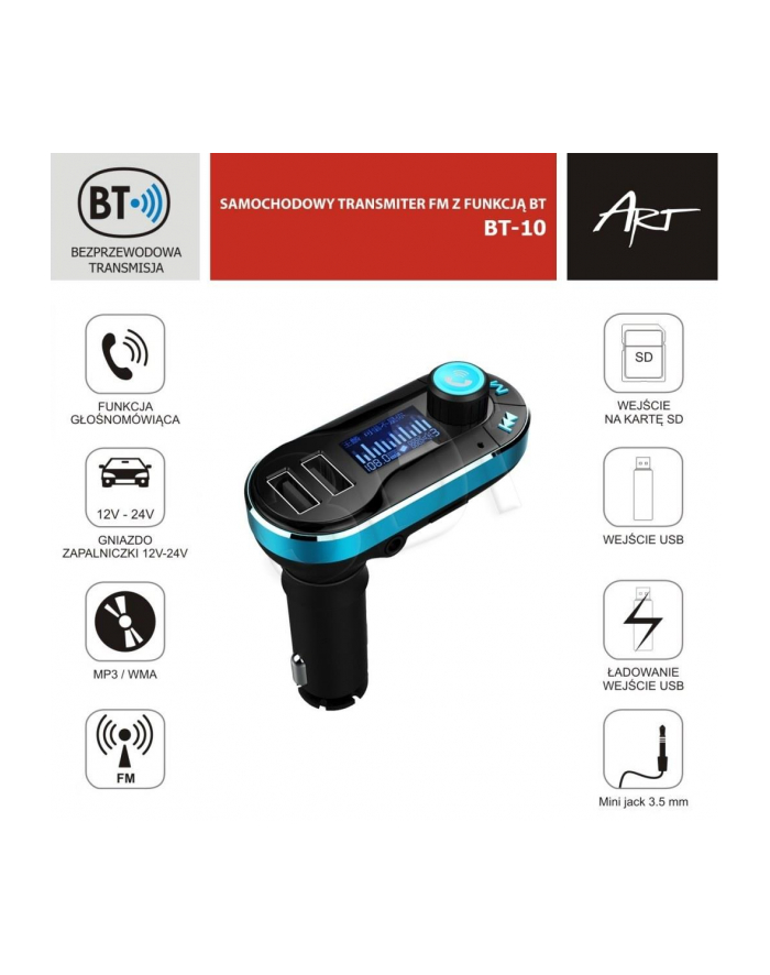 ART Transmiter FM samochodowy z funkcją BT ekran 1,4' pilot USB/SD  BT-10 główny
