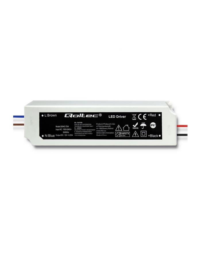 qoltec Zasilacz LED Driver | 100-240V | IP67 | 75W | 12V | 6.25A główny