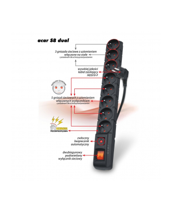 HSK Data (Acar) Acar S8 dual, listwa przeciwprzepięciowa, 8 gniazd, czarna, 1.5m