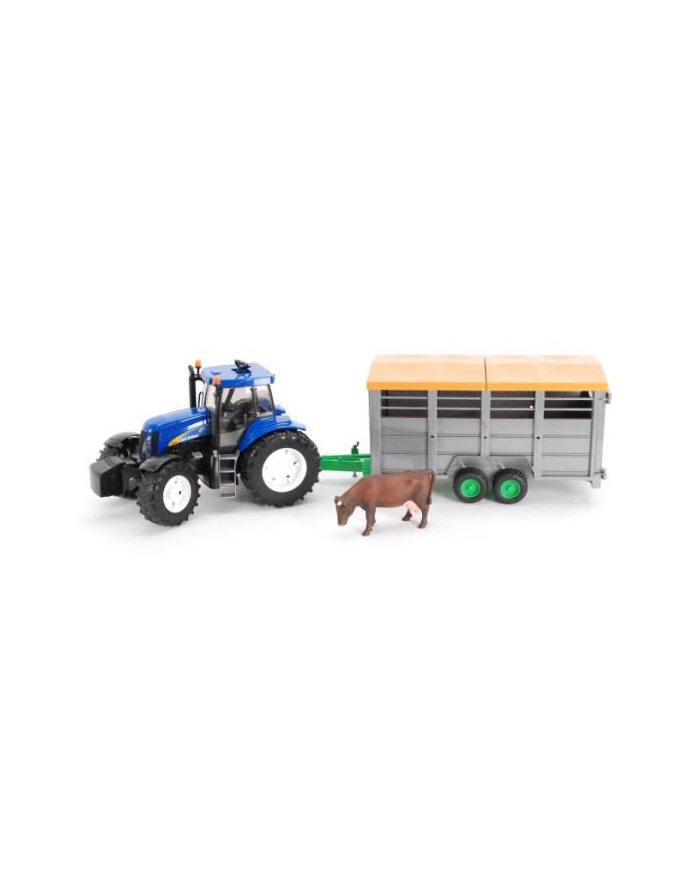 bruder Traktor New Holland T8040 (03020) z przyczepą dla zwierząt  (02227) i figurką krowy (02308) główny