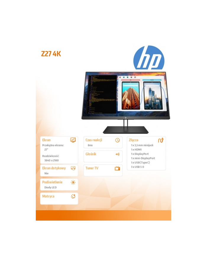 Monitor Z27 2TB68A4 4K UHD Display 3840x2160, IPS / 16:9 8ms/ DP, mini DP, HDMI, USB 3.0, USB-C główny