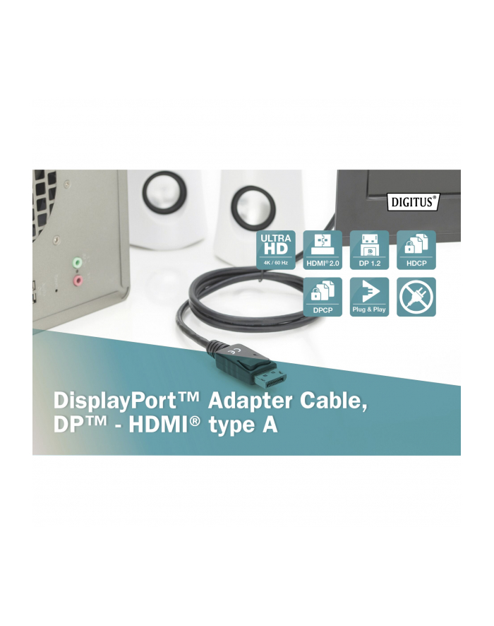 assmann Kabel adapter DisplayPort 1.2 z zatrzaskiem 4K 60Hz UHD Typ DP/HDMI A M/M czarny 3m główny