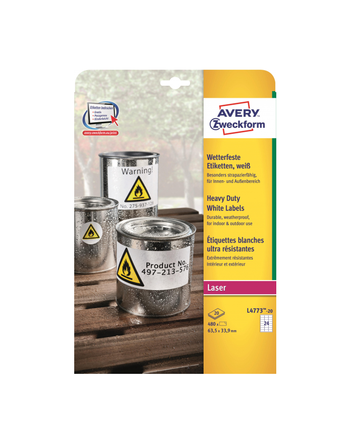 avery zweckform Etykiety wodoodporne Heavy Duty, 63,5 x 33,9mm, białe, do drukarki, 480 sztuk główny