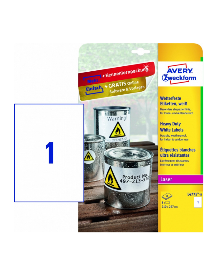 avery zweckform Etykiety wodoodporne Heavy Duty, 210 x 297mm, białe, do drukarki, 8 sztuk główny