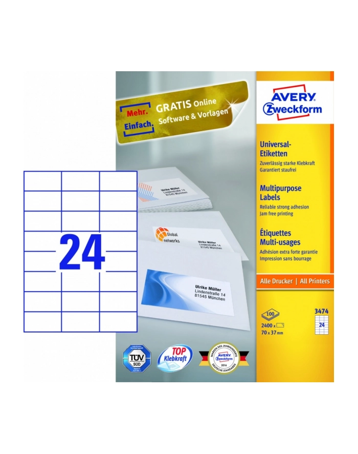 avery zweckform Uniwersalne etykiety samoprzylepne, 70 x 37mm, białe, do drukarki, 2400 sztuk główny