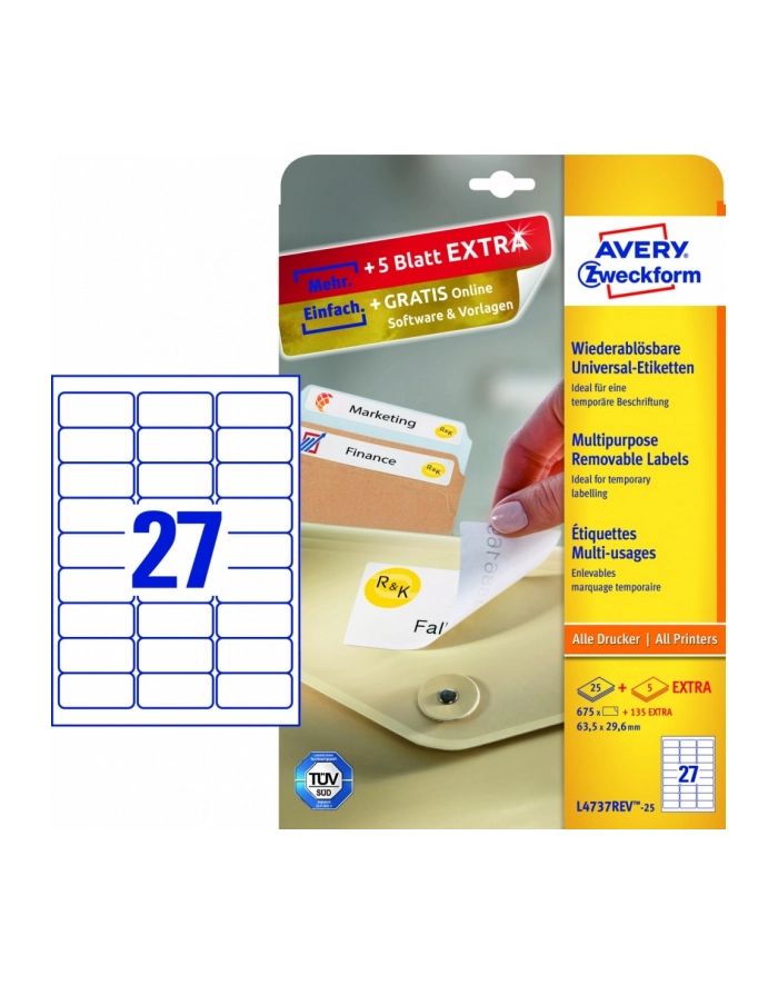 avery zweckform Usuwalne etykiety uniwersalne, 63,5 x 29,6mm, białe, do drukarki,810 sztuk główny