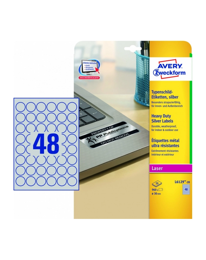 avery zweckform Etykiety znamionowe, średnica 30mm, okrągłe, srebrne, 960 sztuk główny