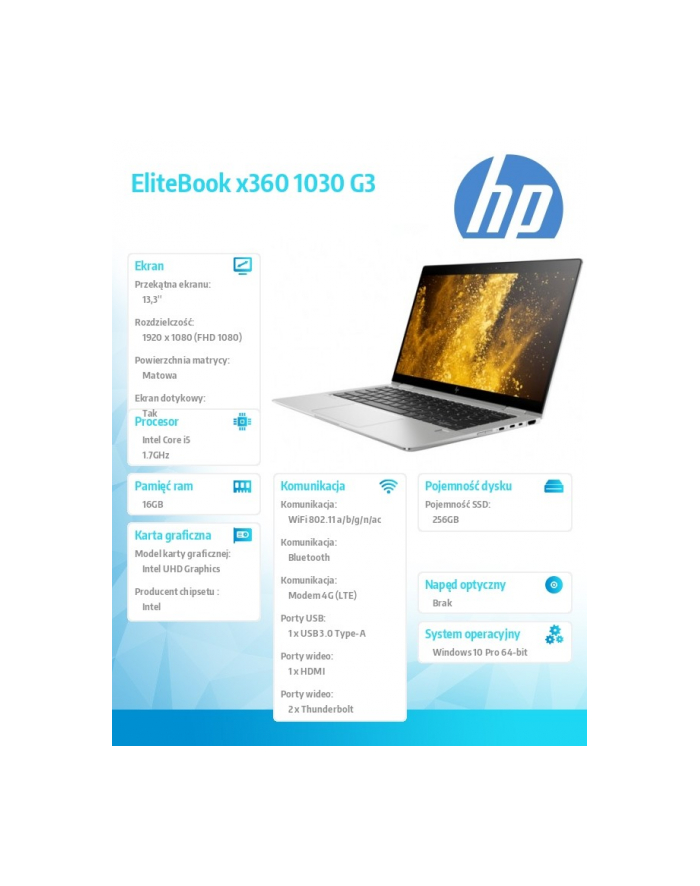hp inc. Laptop EliteBook x360 1030G3 i5-8350U 256/16/W10P/13,3 3ZH30EA główny