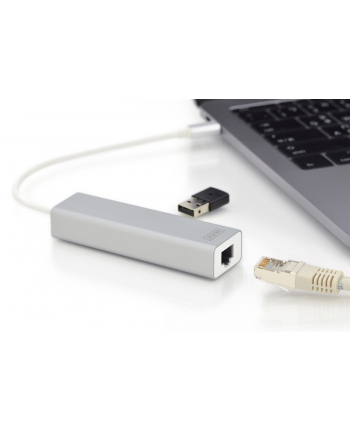 digitus HUB/Koncentrator 3-portowy USB Typ C, 3x USB A HighSpeed z Gigabit LAN adapter, aluminium