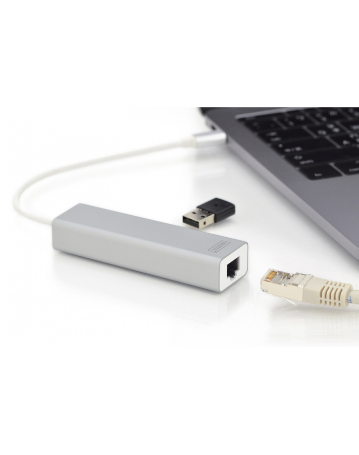 digitus HUB/Koncentrator 3-portowy USB Typ C, 3x USB A HighSpeed z Gigabit LAN adapter, aluminium główny