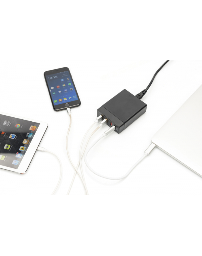 digitus Uniwersalna 4-portowa ładowarka sieciowa 240V USB Typ C (5-20V/3A/60W) 3xUSB A (5V/2.4A) PD czarna główny