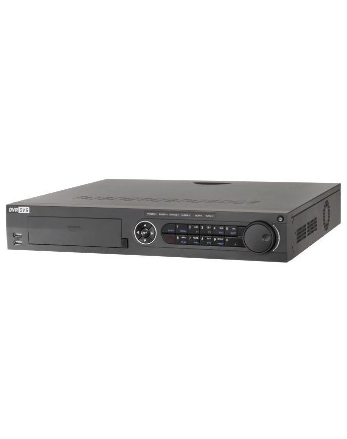 Hikvision rejestrator Turbo-HD DS-7316HQHI-K4. 16 wejść wizyjnych BNC, max. parametry zapisu 3MP@15kl-s, do 18 kanałów IP, 4xSATA (max. 8TB), 1xeSATA, 1xRJ-45, 2xUSB 2.0, 1xUSB 230, 1xRS-485 (PTZ), 1xRS-485 (KB), 1xRS-232, zasilanie 230VAC główny