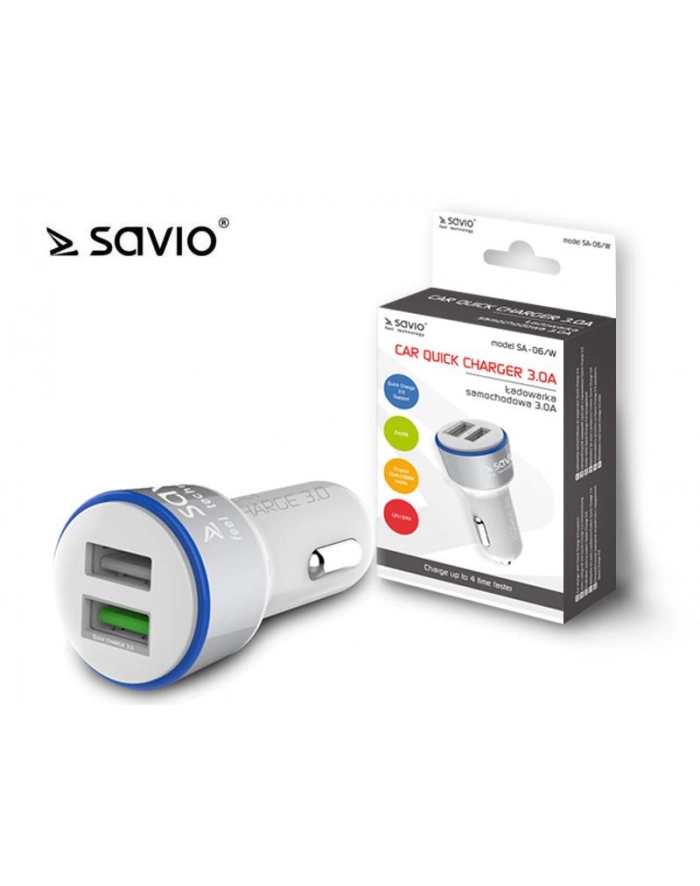 SAVIO SA-06/W Ładowarka samochodowa ze wsparciem Quick Charge 3.0, 2xUSB, biały główny