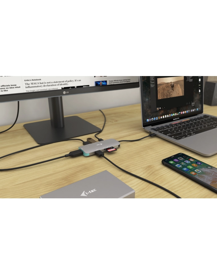 i-tec USB-C Metal Nano Stacja Dokująca 1x HDMI 4K Ultra HD 3840 x 2016 @ 30Hz 1x czytnik SD 1x  czytnik micro SD 3x USB 3.0 1x USB-C Power D główny